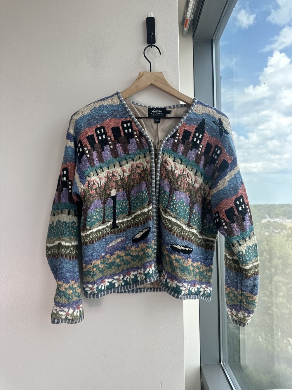 Icelandic Design Knit Cardigan Zip Front Cozy Cottagecore Landscape Sweater Sz L